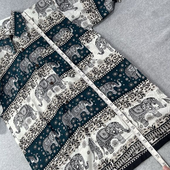 Sopheap Angkor Mens XL Elephant Print Green Ivory Button up Shirt woven - Picture 6 of 15